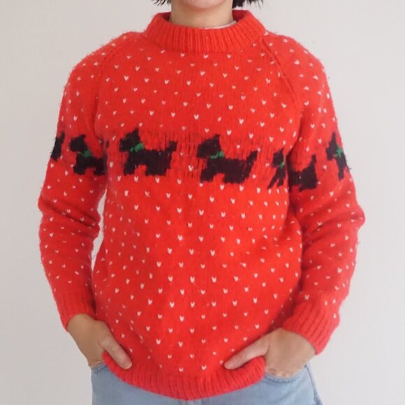 Handmade Red Knit with Black Scottish Terrier 100% Wool Mock Neck Sweater M - Picture 1 of 12